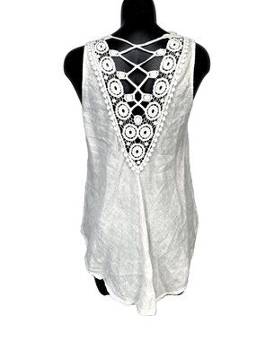 BELLA AMORE 100% Linen Crochet Lace Back Scoop Neck White Tank Size‎ S